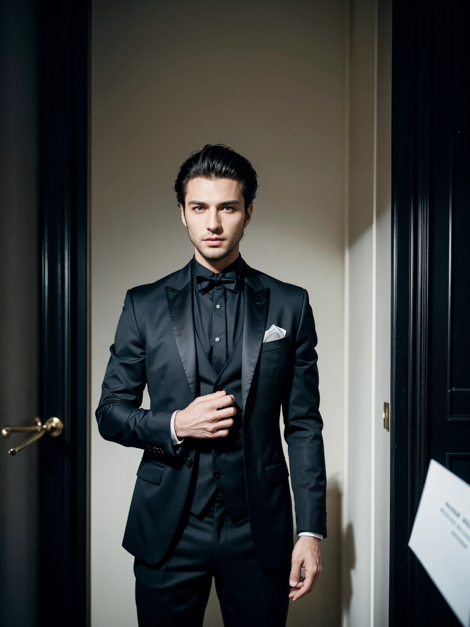 A striking photo of a handsome man dressed in a black formal suit, exuding confidence as he stands with his arms crossed. The sleek and stylish design of the suit complements his charming presence, making him a captivating and visually appealing subject. The artwork showcases the allure of the man's sophisticated and confident demeanor, creating a visually stunning and engaging portrayal, Illustration, digital art
