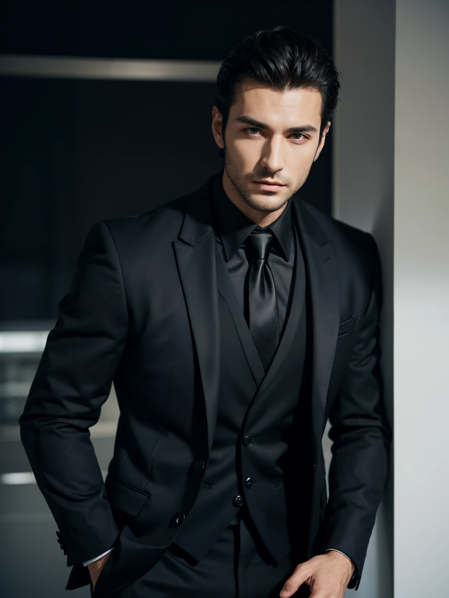 arafed man in a black suit, handsome male, handsome and attractive, handsome and elegant, portrait image, upper body, man in black suit, male model, attractive male, vitaly bulgarov, wearing a saint lauren black suit, attractive and good looking, luxury commercial photography