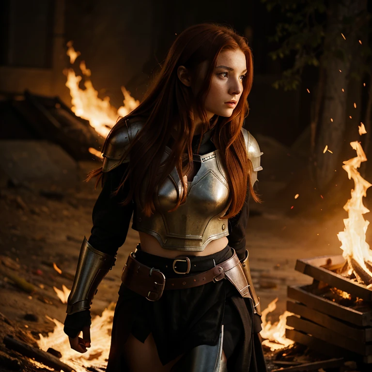 young woman, dark red hair, hazel eyes, walking in fire, fire from hands, fore powers, wearing armor.