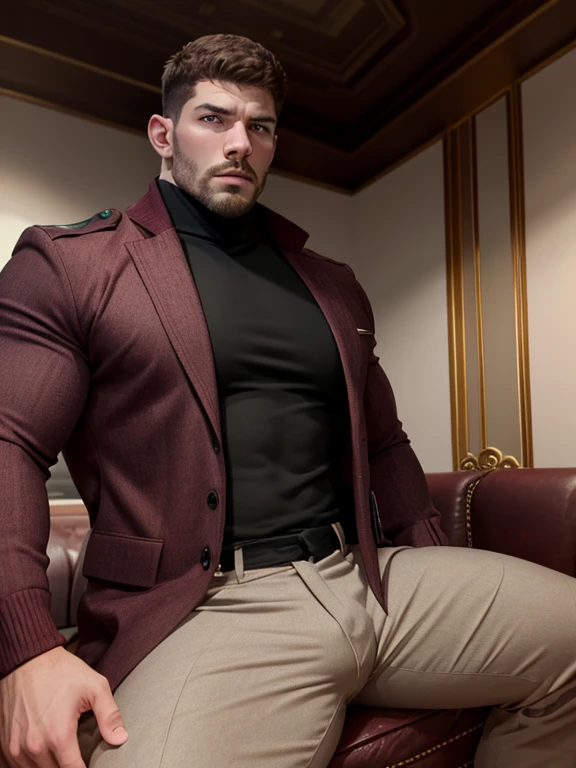 Muscular security guard with open mouth，full body, Chris Redfield，He wears a long-sleeved turtleneck sweater，He had sad eyes in his eyes，Grievanced frown，Emerald charming eyes，Tall and burly，musculous！Tall, Burly and strong， Extremely detailed depiction of facequisite facial features，super gain and cool， commission for high resolution， Attractive strong men，Luxurious warmth in burgundy tones，He was in the luxurious living room