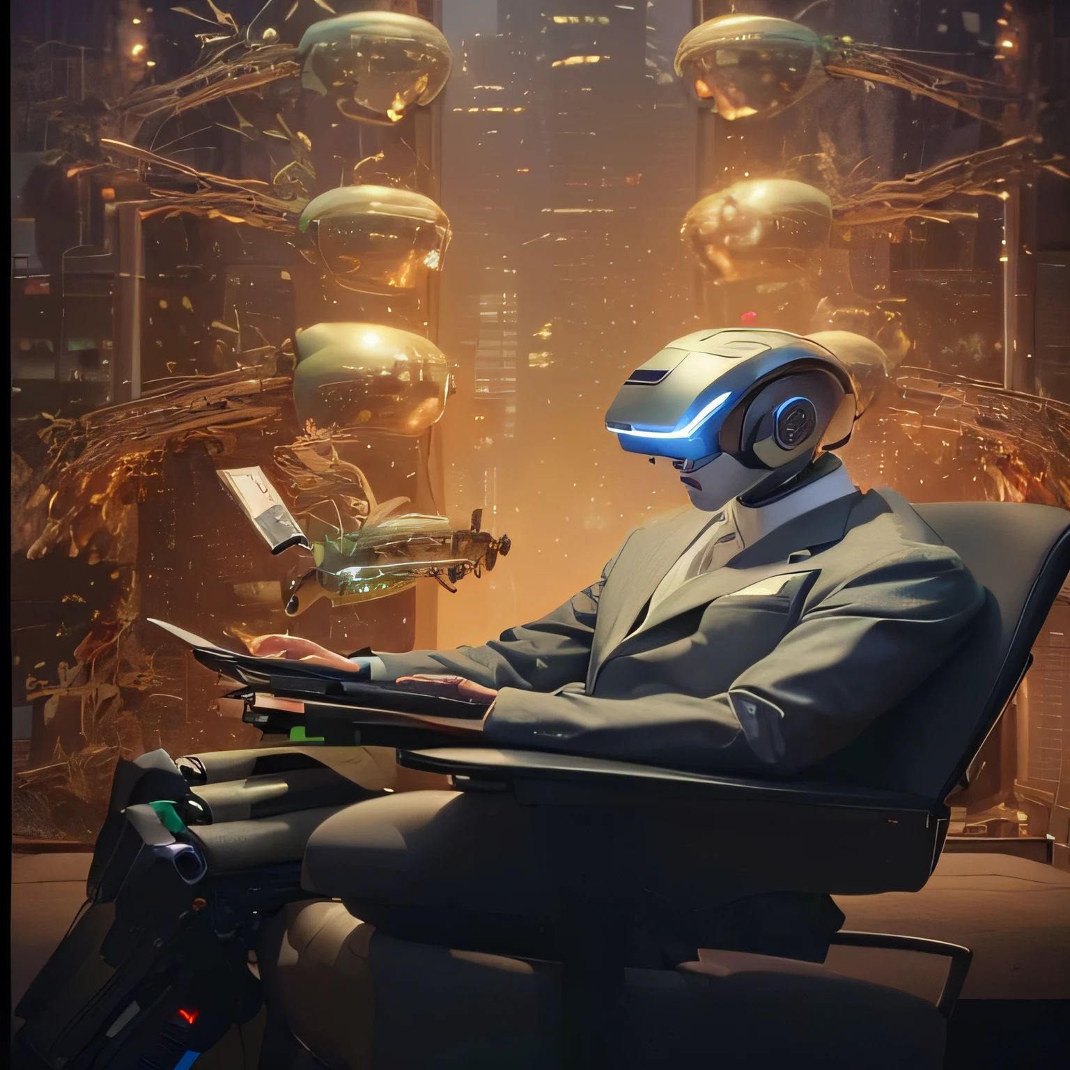 There was a man sitting in a chair，Laptop in hand, mugwort, ( ( Ai Shenwang introduces reality, artificial intelligence god, mugwort!!, artificial intelligence god, Robot work, mugwort, cyberpunk metahuman, metahuman, Human-machine, strong artificial intelligence, metahuman