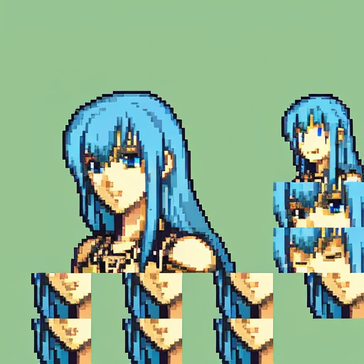 solo focus, quarterbody, frames, saturated sprite,1girl, blue hair, long hair, blue eyes, mercenary