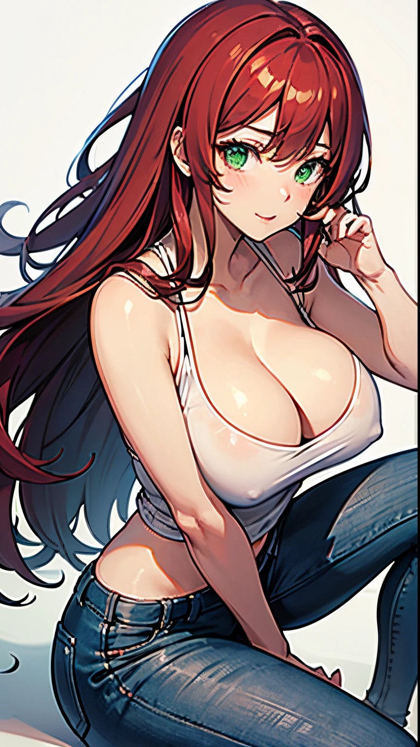 1 girl, solo, anatomically correct, red hair, straight hair, long hair, beautiful green eyes, cheerful, sexy, large breasts, huge boobs, immense breasts, immensely large breasts, small waist, wide hips, juicy thighs, wearing a white tank top, cleavage, no bra, black pair of pants, tight pair of pants, knees, very sexy, 8k, best quality, highly detailed face illustration, ultra high quality
