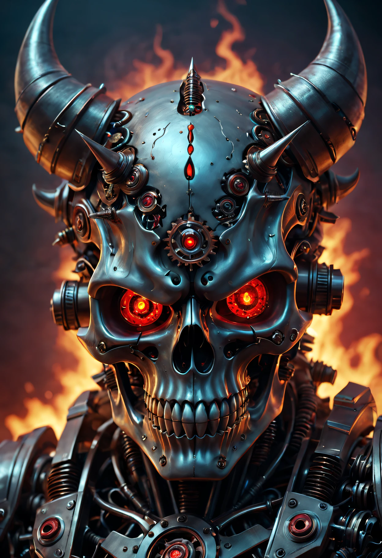 (Best quality at best,4K,A high resolution,tmasterpiece:1.2),ultra - detailed,actual,3D rendering of devil horned skeleton robot,sportrait,metallic luster,glowing red eyes,Gears and pistons,Place spikes strategically,Ominous atmosphere,dim murky lights,fiery background,Focus sharp,Very detailed gears,Mechanical precision,vivd colour,Ominous existence,Avant-garde and futuristic,Otherworldly,An unforgettable aesthetic of beauty,Carved to perfection