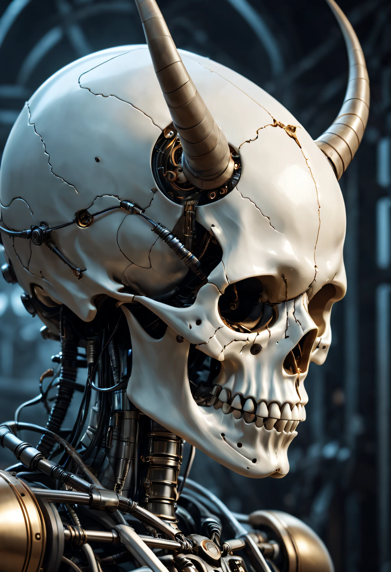 (Cybernetics by emb-rrf2:1.1),(The content is very detailed:1.2),(Best quality:1.2),(8K:1.2),Focus sharp,(sub surface scattering:1.1),award winning photography, (closeup cleavage:1.1),Bald detailed futuristic workshop,(Robot skull:1.2), (Horns made of twisted bones:1.2) (very highly detailed background:1.2),(sci-fy:1.2), Noreen Keyes,(like a dream:1.2),(hyper realisitc:1.2), dramatic lights, author:Jeremy Lipkin Antonio J. Manzanado Greg Rutkoski Alphonse Mucha Wallop