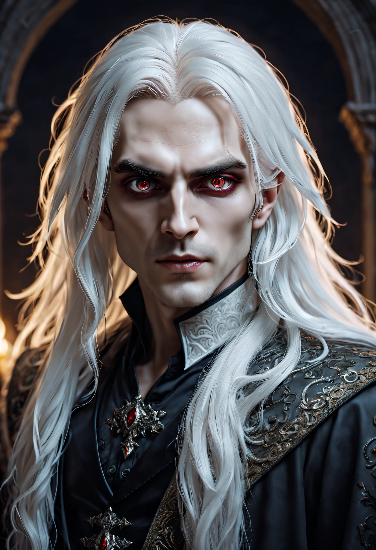 Crazy detailed photos of a gorgeous vampire man, goth Renaissance, Long white hair, complicated eye roll, like a dream, Vampires, Ethereal, the ultra-detailed, 32K resolution, 动态照明, the ultra-detailed, intricately details, Hot topics on artstation, triadic colours, Volumetriclighting, BalenciagaStyle