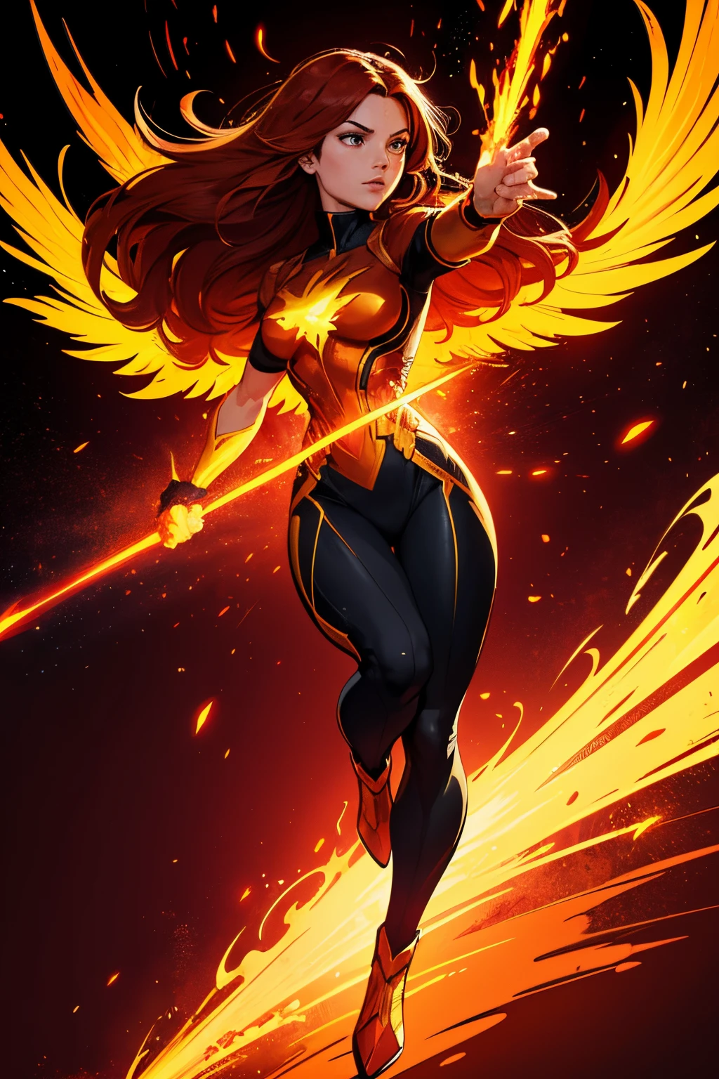 t-shirt design, black background, Full body, 2D illustration, Jean Gray from x-men with her fully awakened and ascending phoenix power, flaming phoenix wings open with a brilliant burst of power, golden color, electric red color, wine red color, (sharp lines), lines of bold ink, strong outlines, bold strokes, high contrast, (professional vector), best quality, flat colors, flat lights, no shadows, low levels, (gunpowder explosion).