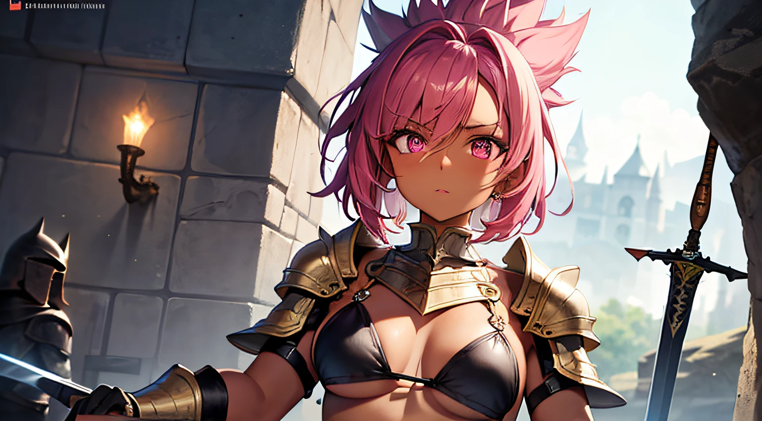 (masutepiece), Best Quality, Expressive eyes, Perfect face, (Dark skin:1.4), An 18-year-old woman, (Pink spiked hair), (medium chest:0.6), Bikini Armor, Shoulder Armor, prepare a sword, Dungeon, Dim, Fantasy