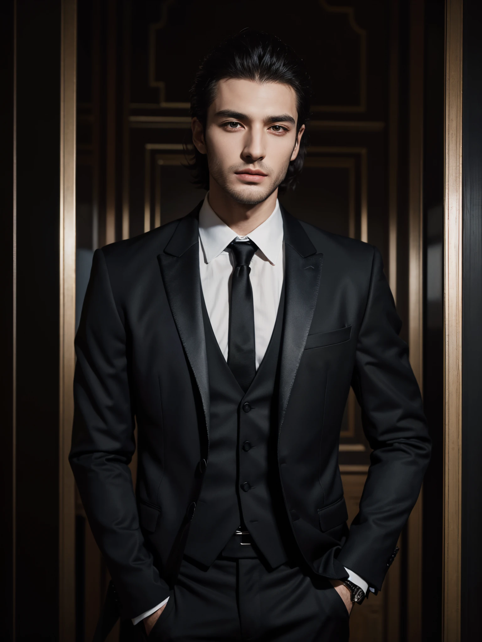 arafed man in a black suit, handsome male, handsome and attractive, handsome and elegant, portrait image, upper body, man in black suit, male model, attractive male, vitaly bulgarov, wearing a saint lauren black suit, attractive and good looking, luxury commercial photography