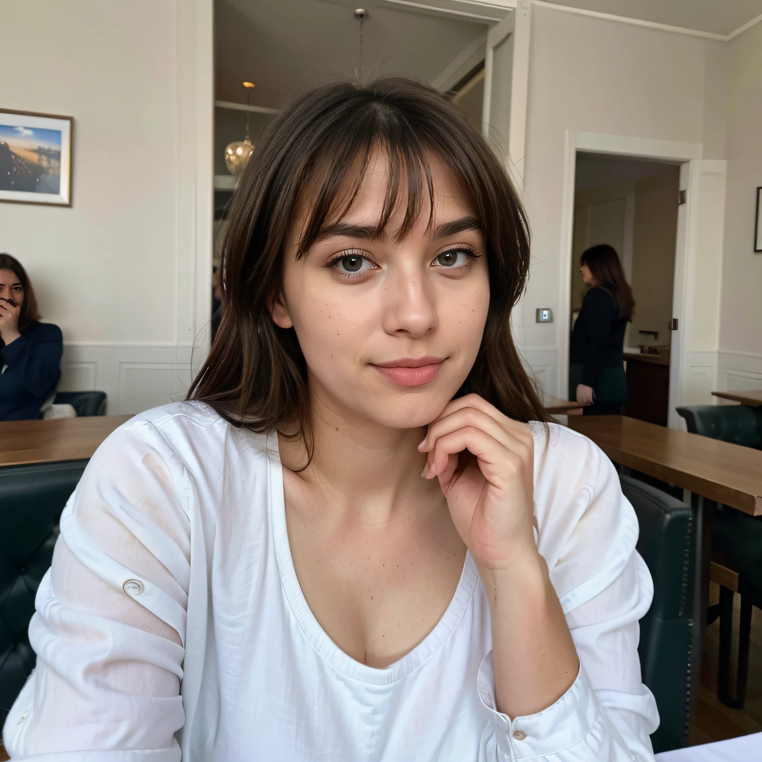Fille latine hyper réaliste de 23 ans with des taches de rousseur, selfie d&#39;humeur pour instagram, Ultra Definition, (photoreallistic: 1.4), 8k, First quality, detailed background, delicate face, maquillage naturel, Photo brute, iPhone, Hdr, flirter avec le spectateur, dans un restaurant, prendre un cappuccino, with clothes