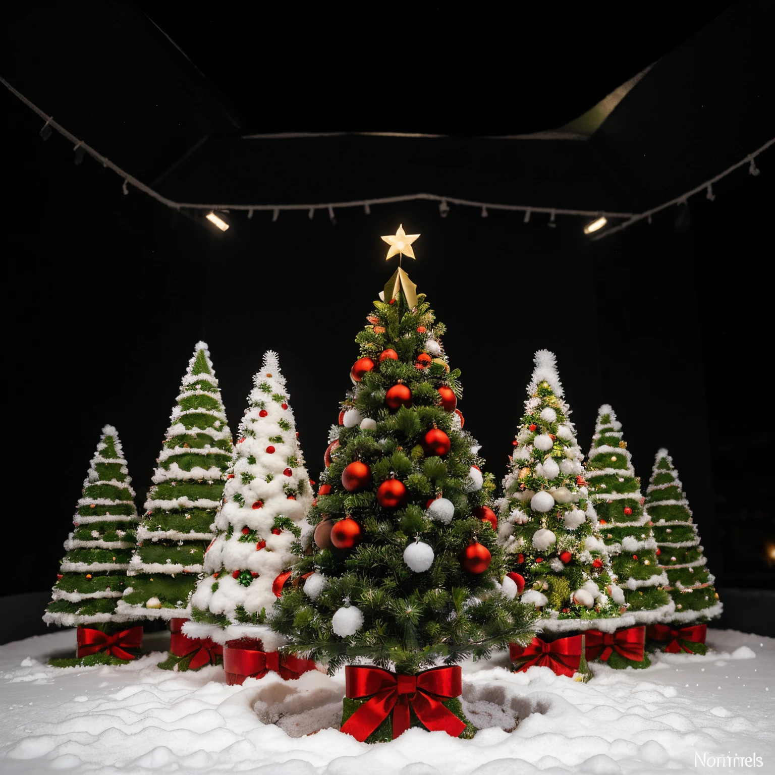 Create a Christmas tree shape using a lots of rabbits. Use Netherlands Dwarf rabbits and wear them red Christmas hats. Snow are falling down. Not tree, I just want tree shape only using lots of rabbits.