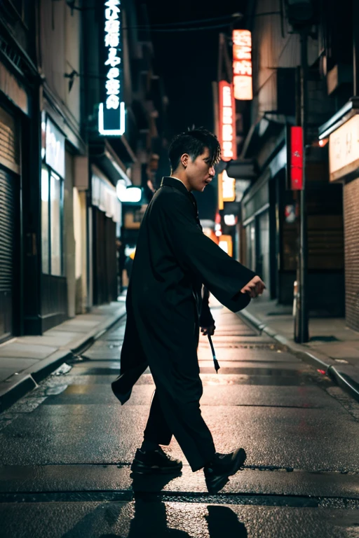 asian man wearing a dark kimono walking through empty street in a hurry full length