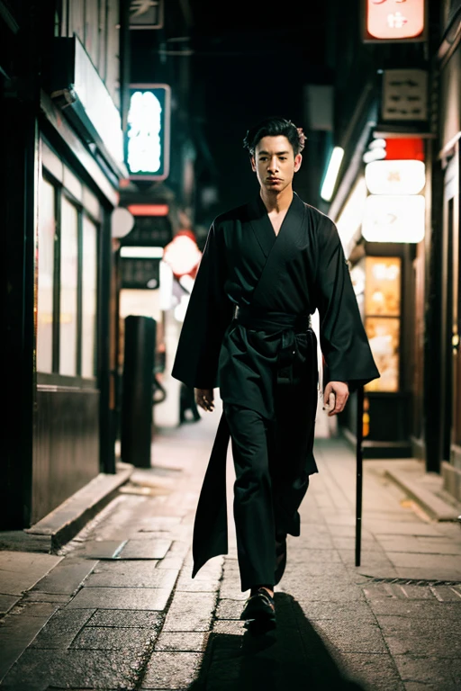 asian man wearing a dark kimono walking through empty street in a hurry full length