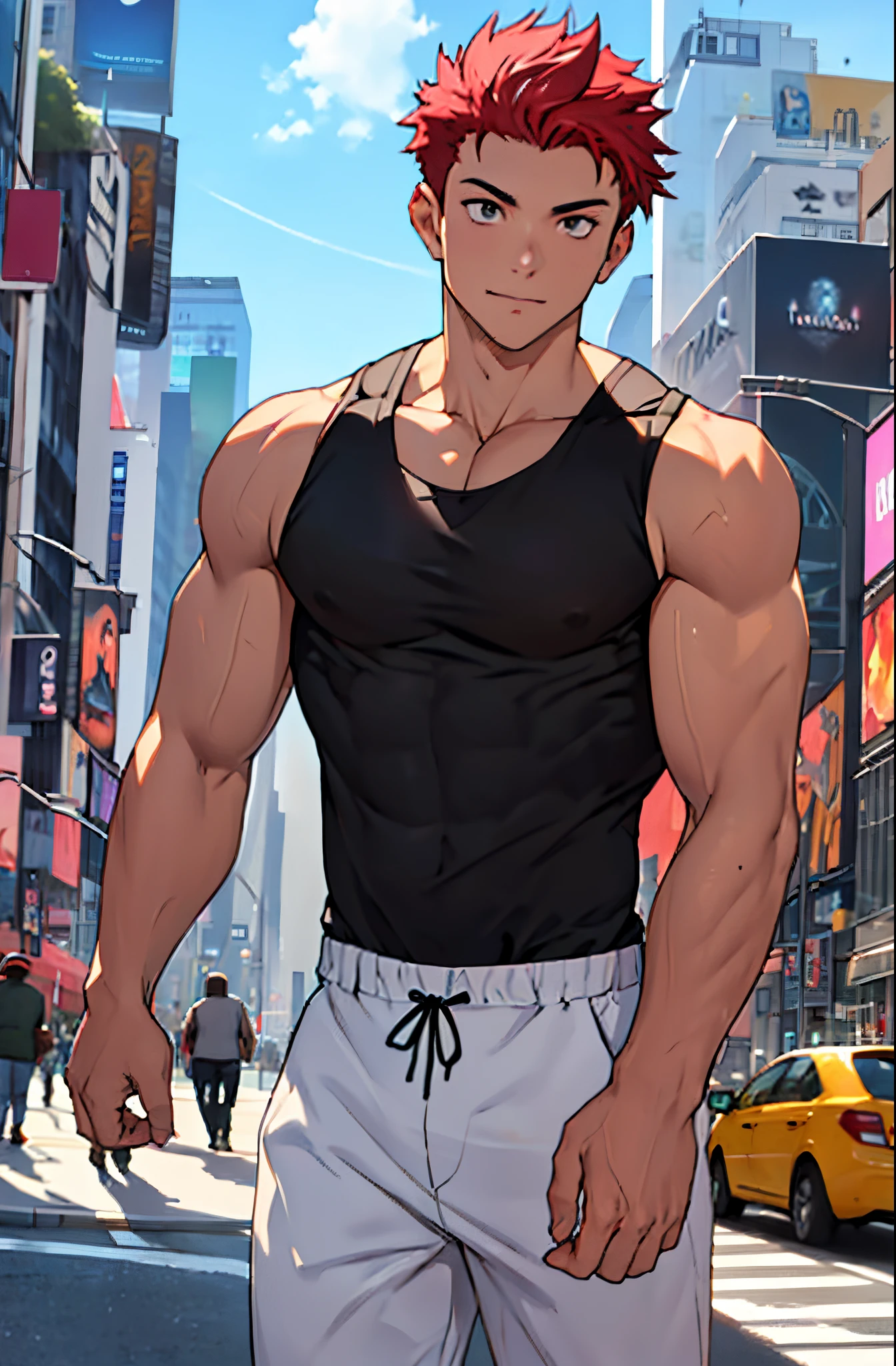 A mais alta qualidade, 8K, image high resolution, Detailed strokes, no meio de uma avenida movimentada estilo Times Square, inverno, apoiado em um dos postes, adolecente, Red Hair, wearing a tank top , masculo, chest a little tight in the shirt , (Angulo de Baixo), (Angulo Perto) , pernas definidas, defined arms, abdomen definido, com a camisa,