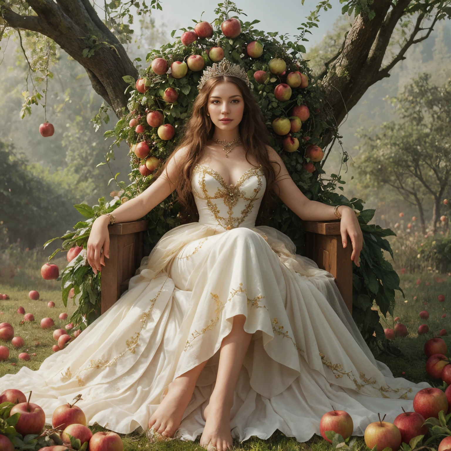 painting of a woman sitting in a chair surrounded by apples, karol bak uhd, goddess of nature, queen of nature, nature goddess, inspired by Ruth Sanderson, by Alexander Kucharsky, stunning woman, persephone, fairytale artwork, gorgeous lady, gorgeous woman, darrell k sweet, inspired by Alison Kinnaird, beautiful digital artwork, amazing art, on her throne