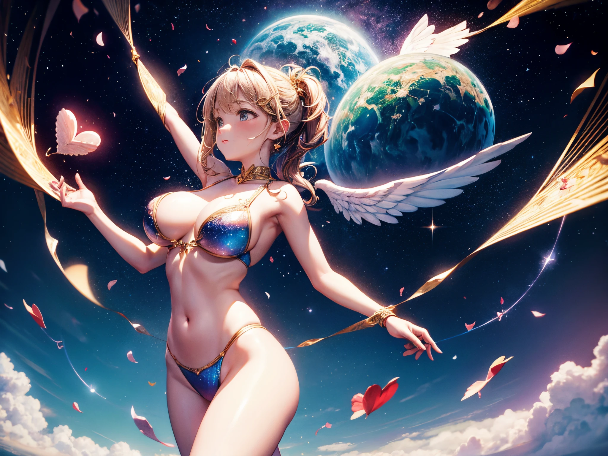 Imagine a cosmic ballet where Cupid orchestrates a dance of 3D hearts and roses among the stars, leaving behind trails of swirling fractal patterns that linger in the cosmic void. enormous tits