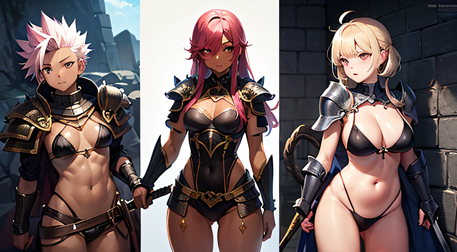 (masutepiece), Best Quality, Expressive eyes, Perfect face, (Dark skin:1.4), An 18-year-old woman, (Pink spiked hair), (medium chest:0.6), Bikini Armor, Shoulder Armor, prepare a sword, Dungeon, Dim, Fantasy