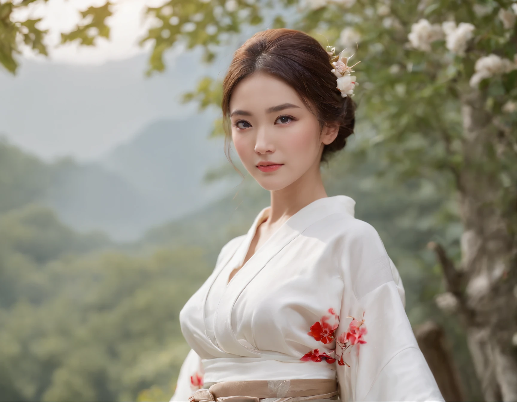 (Super beautiful woman in kimono)、((best qualtiy、8k masterpieces:1.3))、White kimono、foco nítido:1.2、(ultra beautiful faces:1.0)、(shinny skin:1.0)、photos realistic、、from the front side、medium breasts、With a happy smile、Slender Abs Beauty、Whole body、wearing kimonos、