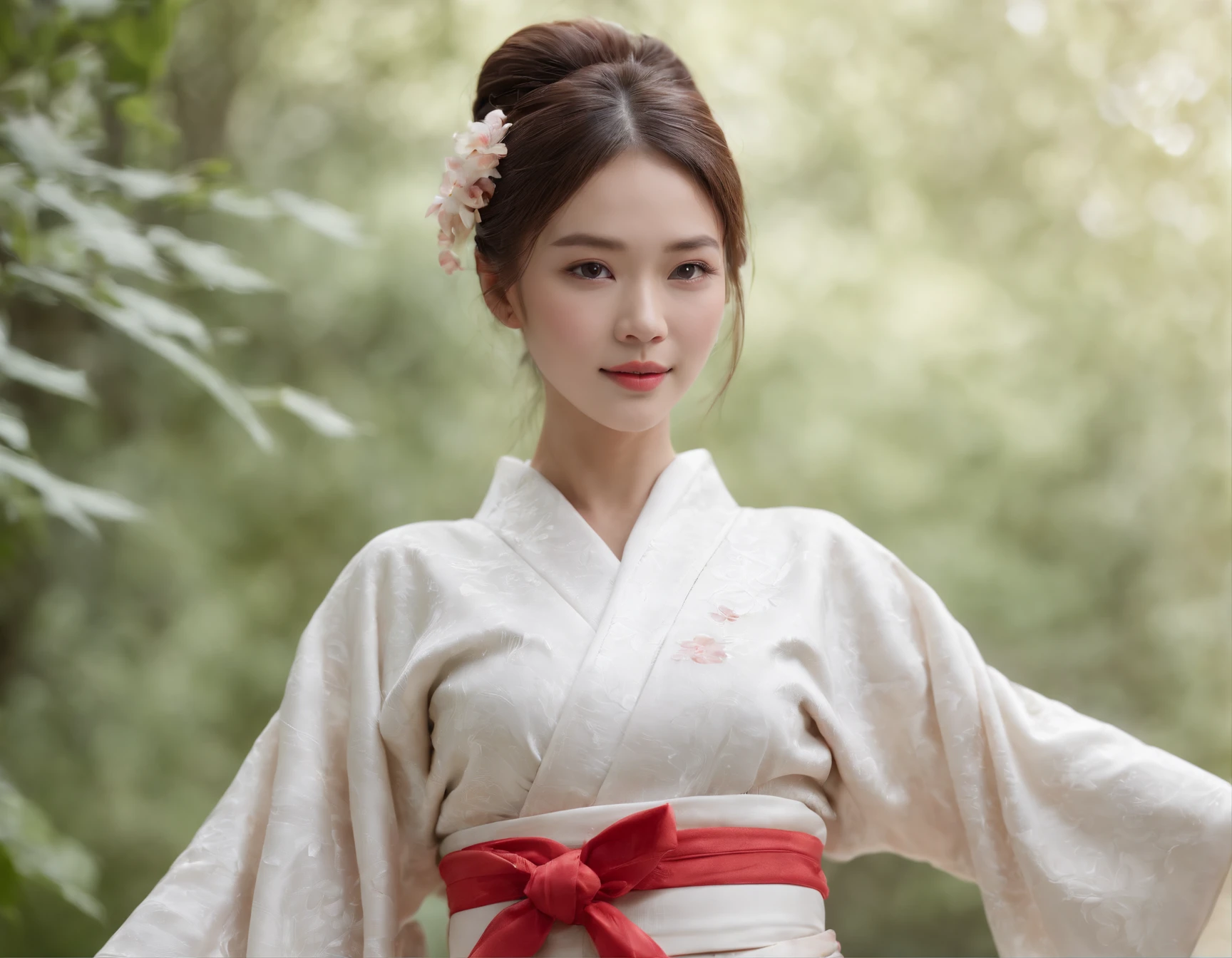 (Super beautiful woman in kimono)、((best qualtiy、8k masterpieces:1.3))、White kimono、foco nítido:1.2、(ultra beautiful faces:1.0)、(shinny skin:1.0)、photos realistic、、from the front side、medium breasts、With a happy smile、Slender Abs Beauty、Whole body、wearing kimonos、