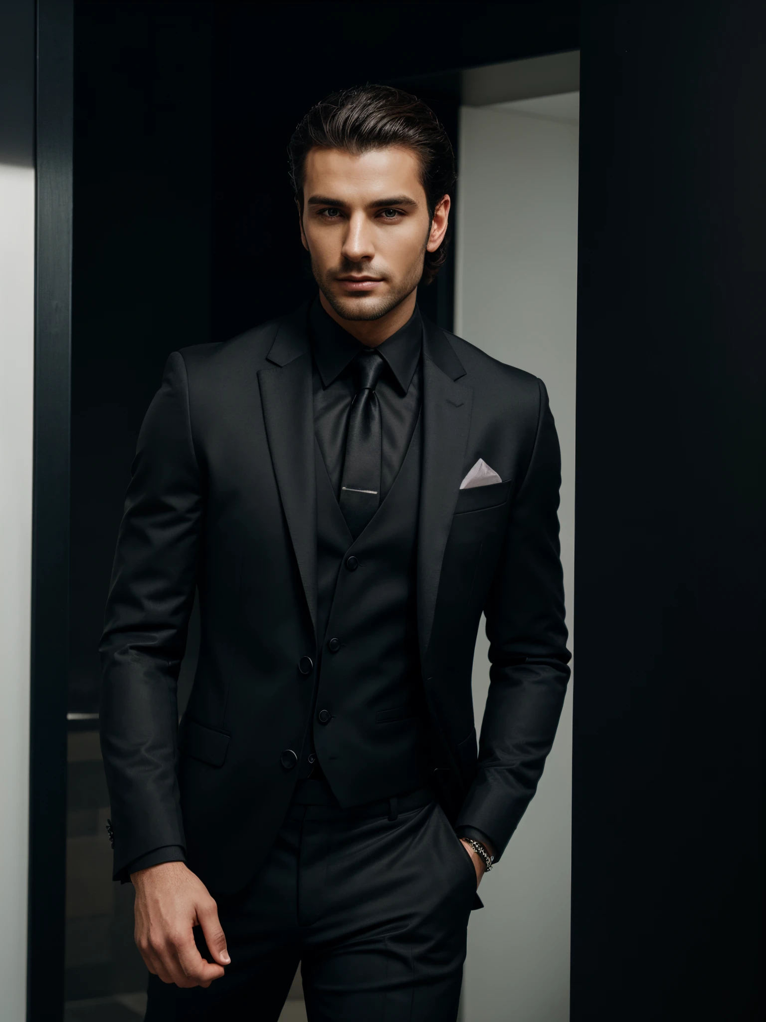 arafed man in a black suit, handsome male, handsome and attractive, handsome and elegant, portrait image, upper body, man in black suit, male model, attractive male, vitaly bulgarov, wearing a saint lauren black suit, attractive and good looking, luxury commercial photography