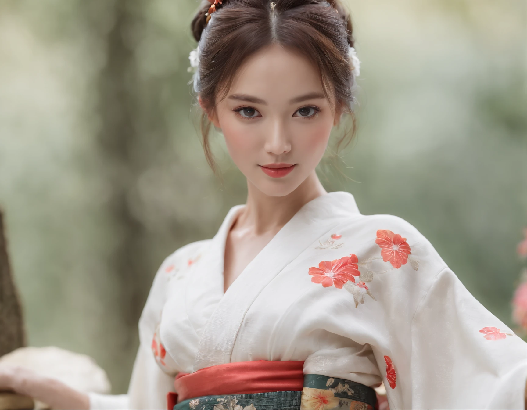 (Super beautiful woman in kimono)、((best qualtiy、8k masterpieces:1.3))、White kimono、foco nítido:1.2、(ultra beautiful faces:1.0)、(shinny skin:1.0)、photos realistic、、from the front side、medium breasts、With a happy smile、Slender Abs Beauty、Whole body、wearing kimonos、