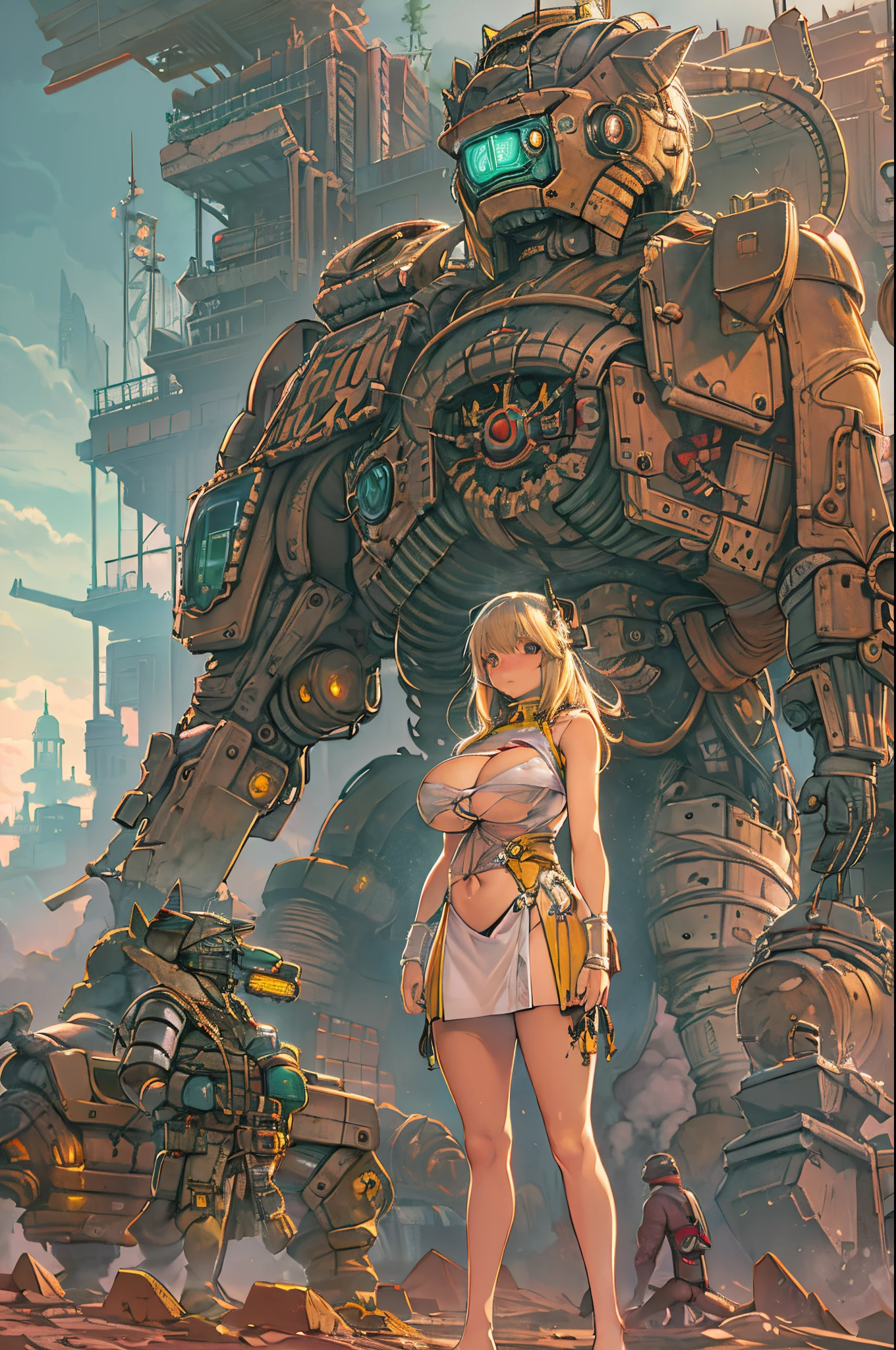 There is a woman standing in front of a giant robot, Inspired by Ken Kelly, Epic album covers, Imogen Poots as Paladin, Ralph Horsley Vivid Color, mighty princess of the wasteland, Skynet, Complex biopunk patterns, Queen of Warriors, krull