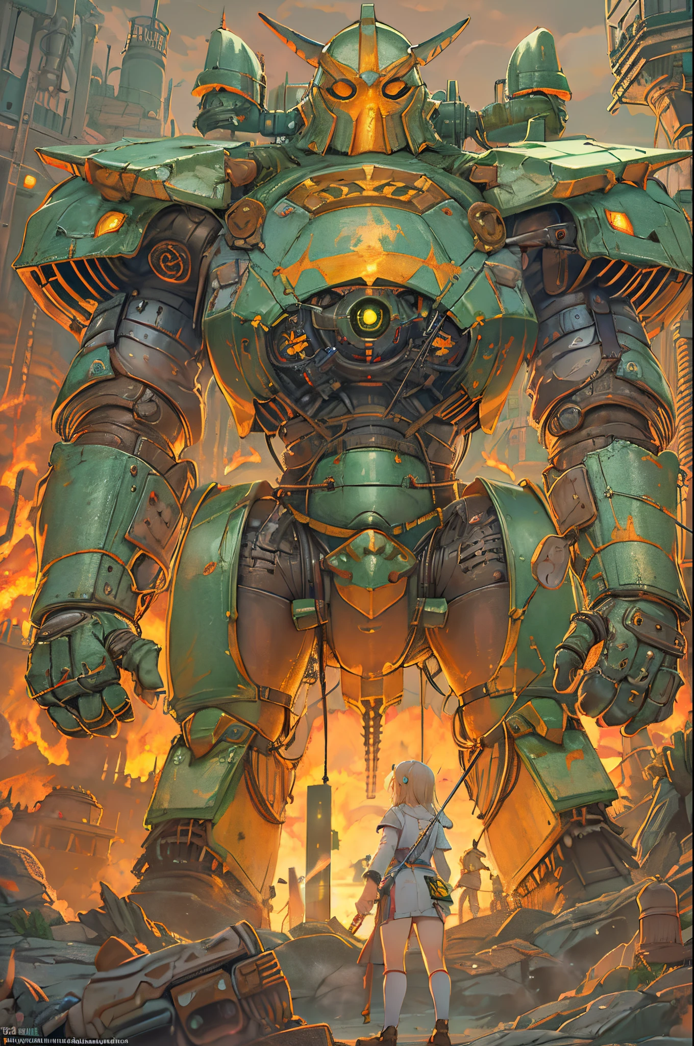 There is a woman standing in front of a giant robot, Inspired by Ken Kelly, Epic album covers, Imogen Poots as Paladin, Ralph Horsley Vivid Color, mighty princess of the wasteland, Skynet, Complex biopunk patterns, Queen of Warriors, krull