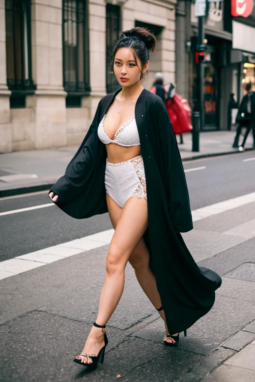 tall stunning japanese woman wearing a dark kimono and spiked heels walking through empty street in a hurry full length