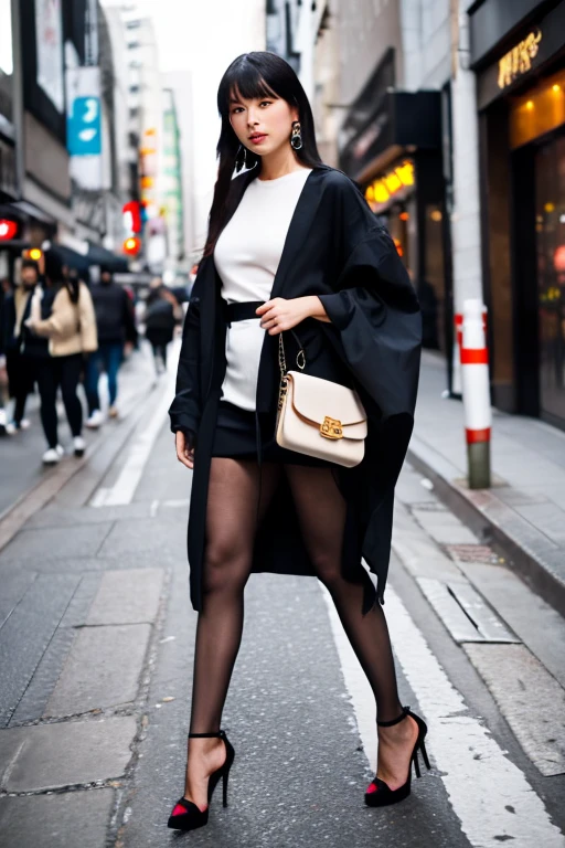 tall stunning japanese woman wearing a dark kimono and spiked heels walking through empty street in a hurry full length