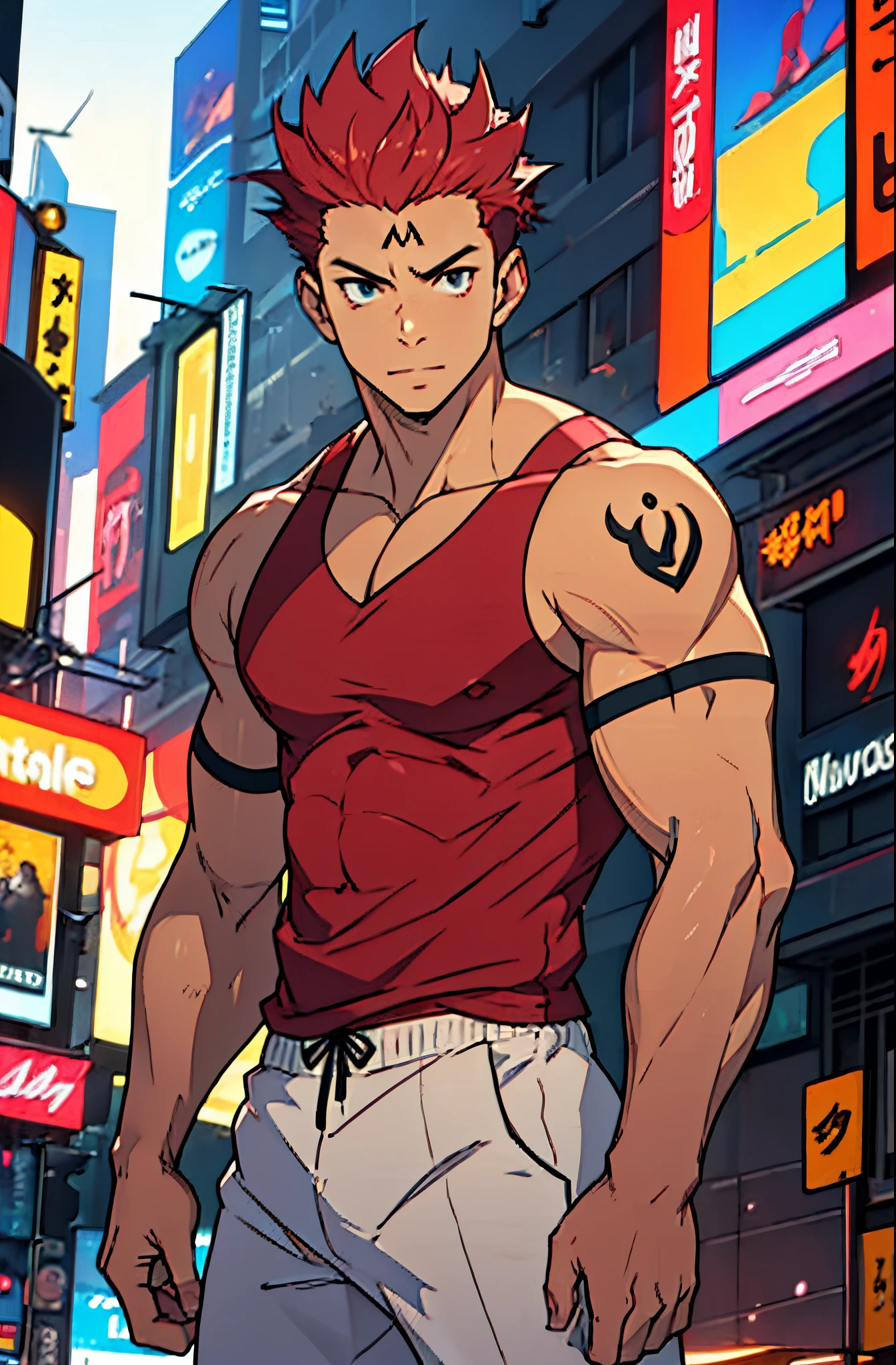 A mais alta qualidade, 8K, image high resolution, Detailed strokes, no meio de uma avenida movimentada estilo Times Square, inverno, apoiado em um dos postes, adolecente, Red Hair, wearing a tank top , masculo, chest a little tight in the shirt , (Angulo de Baixo), (Angulo Perto) , pernas definidas, defined arms, abdomen definido, com a camisa,