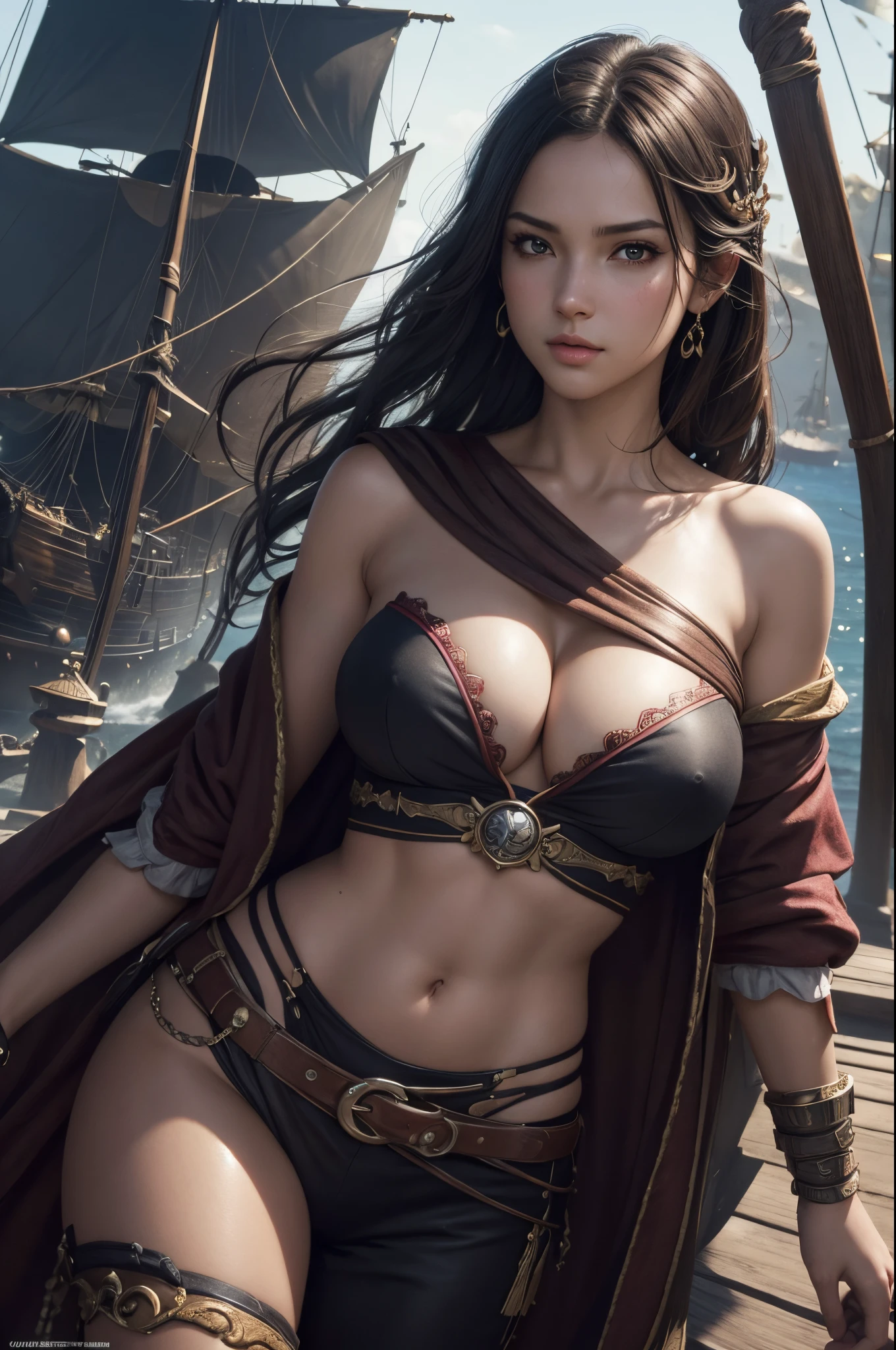 8K,(masutepiece, Best Quality:1.4), (Pirate Ship), (erotic posing:1), 1 girl in, (((Live-action)))Solo, (European youth:1), Nami de One Piece, Tattoo on the right shoulder, hyper realisitic, High detailed skin, Digital SLR, Soft lighting, High quality, Highly detailed face, Highly detailed eyes, highly detailedskin, The skin, Subsurface scattering, Full face blush, Highly detailed face, Highly detailed eyes, Beautiful expression, Full lips, Detailed background, depth of fields, Supergianthugebreasts、Volumetric lighting, Sharp Focus, absurderes, Realistic proportions, Good anatomy, (Realistic, hyper realisitic:1.4), 16K HDR, Daylight,super giant togebrest high-definition,super realistic skin,super beautiful expression,Fantasyart,character art,A sexy,