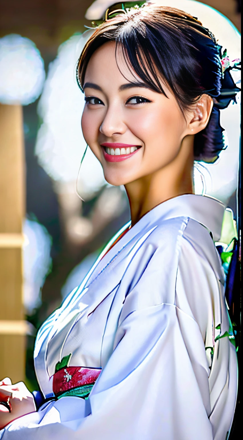 (Super beautiful woman in kimono)、((best qualtiy、8k masterpieces:1.3))、White kimono、foco nítido:1.2、(ultra beautiful faces:1.0)、(shinny skin:1.0)、photos realistic、、from the front side、medium breasts、With a happy smile、Slender Abs Beauty、Whole body、wearing kimonos、