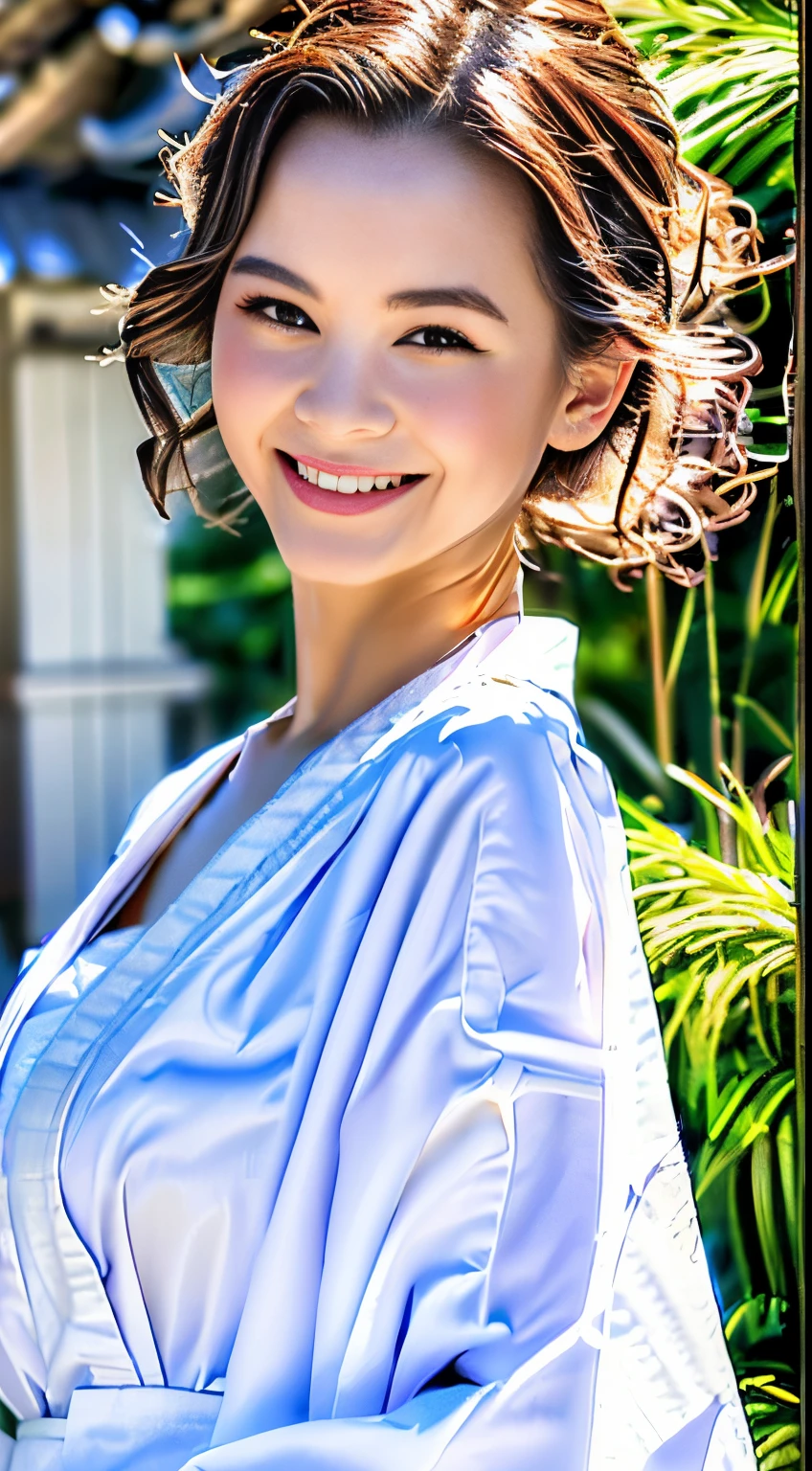 (Super beautiful woman in kimono)、((best qualtiy、8k masterpieces:1.3))、White kimono、foco nítido:1.2、(ultra beautiful faces:1.0)、(shinny skin:1.0)、photos realistic、、from the front side、medium breasts、With a happy smile、Slender Abs Beauty、Whole body、wearing kimonos、