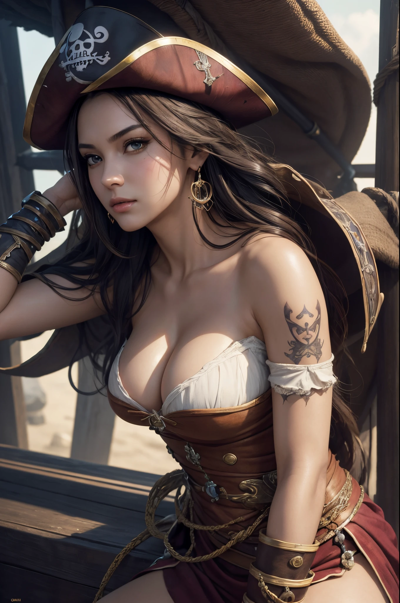 8K,(masutepiece, Best Quality:1.4), (Pirate Ship), (erotic posing:1), 1 girl in, (((Live-action)))Solo, (European youth:1), Nami de One Piece, Tattoo on the right shoulder, hyper realisitic, High detailed skin, Digital SLR, Soft lighting, High quality, Highly detailed face, Highly detailed eyes, highly detailedskin, The skin, Subsurface scattering, Full face blush, Highly detailed face, Highly detailed eyes, Beautiful expression, Full lips, Detailed background, depth of fields, Supergianthugebreasts、Volumetric lighting, Sharp Focus, absurderes, Realistic proportions, Good anatomy, (Realistic, hyper realisitic:1.4), 16K HDR, Daylight,super giant togebrest high-definition,super realistic skin,super beautiful expression,Fantasyart,character art,A sexy,