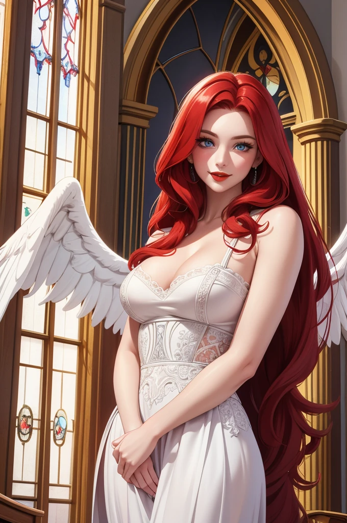 Beautiful illustration of a church one woman, long red hair, Beautifully detailed blue eyes. Beautifully detailed red lips wearing white underwear (Best quality 4k high definition masterpiece..: 1.2) Very detailed ( Realistic:1.37)smile, Art masterpieces at the scene White wings attached to the back, looking straight at the camera.