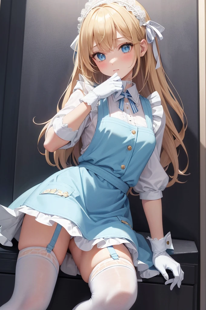 A bare jacket, exposed breasts,nsfw　(A jacket that is left bare,) 　A detailed face　loli shirtless　Cute Alice with blonde hair from Alice in Wonderland　Dress: Pastel blue Color: Pastel Blue Style: Fit and flare Details: Lace and ribbon trim Front: Large white apron Mysterious words like "Drink Me" and "Eat Me" are embroidered on the apron Cardigan: Slightly off-white Color: Slightly off-white Design: Gothic patterned Small buttons on the cuffs and hem Socks: Knee-high socks Type: Knee-high socks Color: Light blue and white striped Ribbons adorn the calves Shoes: Type: Mary Jane shoes Type: Mary Jane shoes Color: White Buckles: With large gold buckles Gloves: Short gloves Type: Short gloves Color: white Wrist: White with fine lace decoration Hair Accessory: Headband Type: Headband Design: small satin ribbon with a mysterious key in the middle Accessories Choker with a small watch on the collar On the arms are multiple bracelets, one of which has a heart charm attached