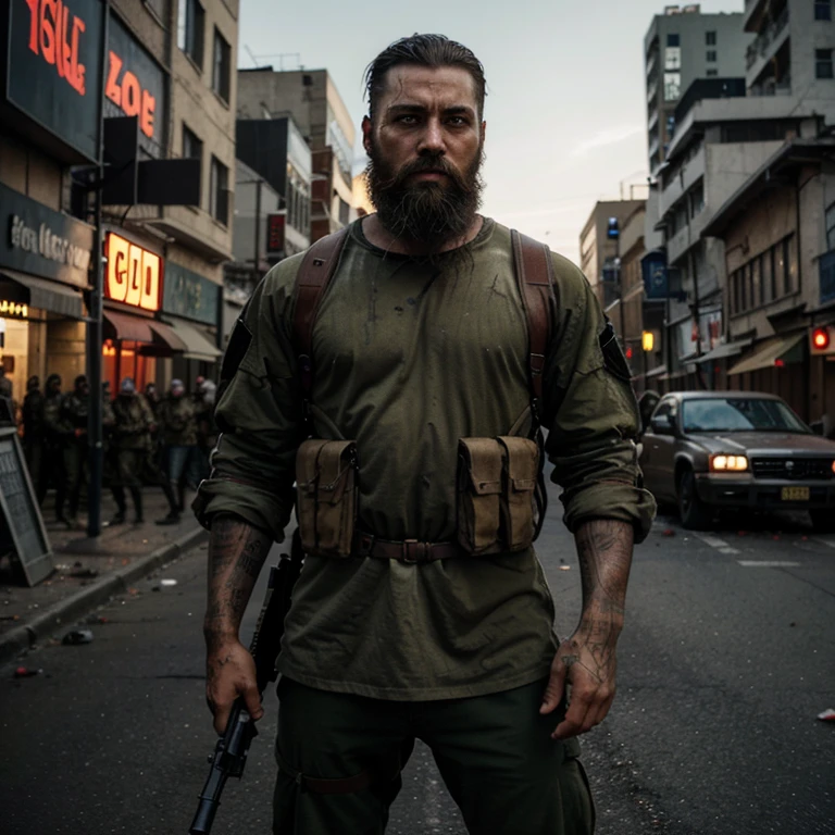 A man with a beard holding a granade on his left arm and ready to die , he looks like a modern soldier, he is injured , lot of zombies around him and trying to bite him , a movie range poster , high quality, a damaged city in the backround