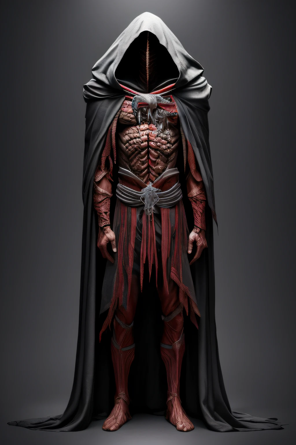 (master part:1.2), absurdos, Uma foto fotorrealista de Mumm-Ra,sozinho, Decomposing mummy,A malevolent and ancient sorcerer, , Murchas, envolto em bandagens apodrecidas, corpo magro. grotesco, The skin is a sickly grey, coberto de bandagens esfarrapadas e apodrecidas, It's body is skinny, His face is hidden by a hooded red cloak, olhos vermelhos sinistros brilhantes, malevolent, (altamente detalhado:1.3)