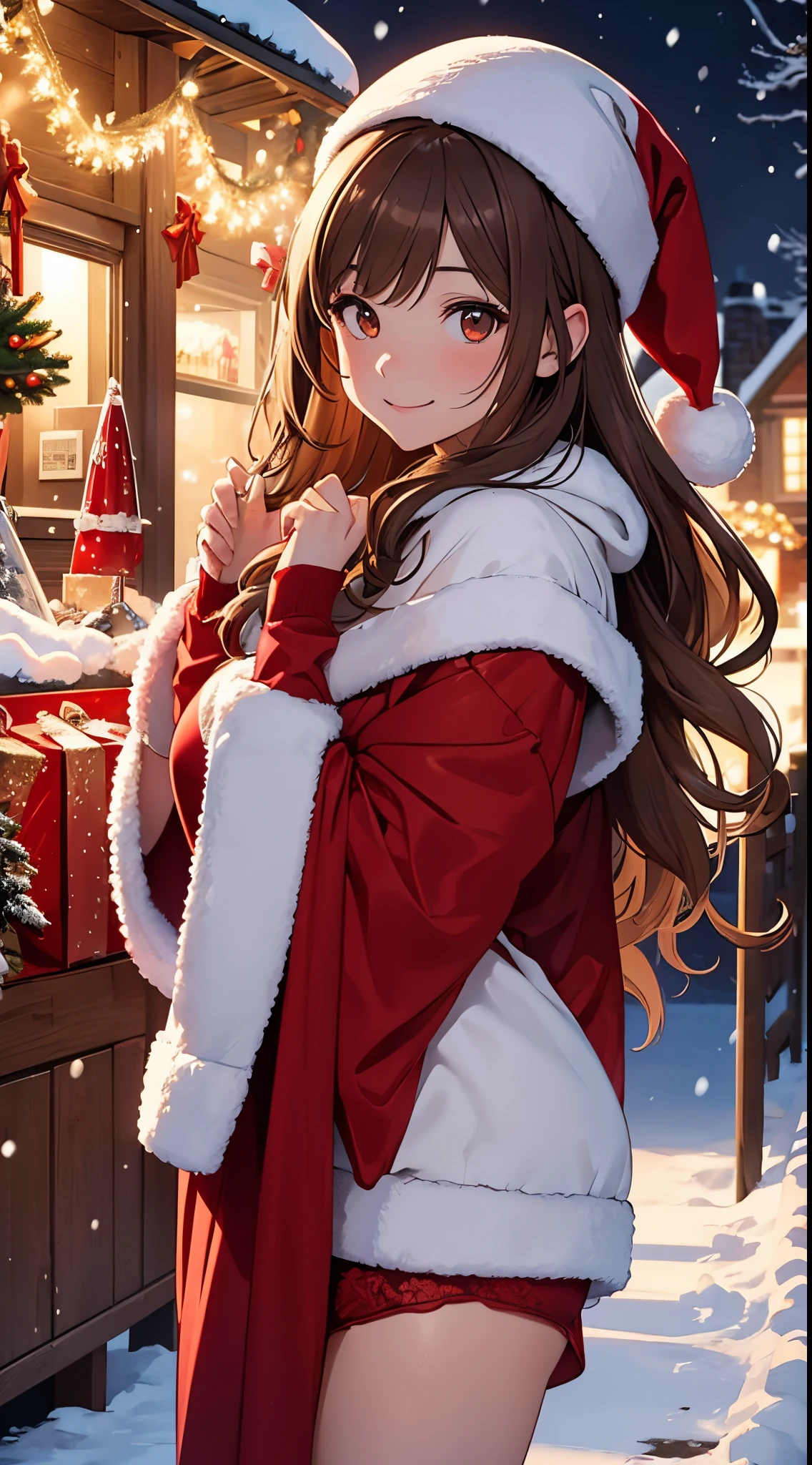 (masterpiece), (best quality), girl standing outside in the snow, wavy brown hair, red lingerie, christmas outfit, santa claus outfit, smiling, sexy, perfect body, christmas lights, night