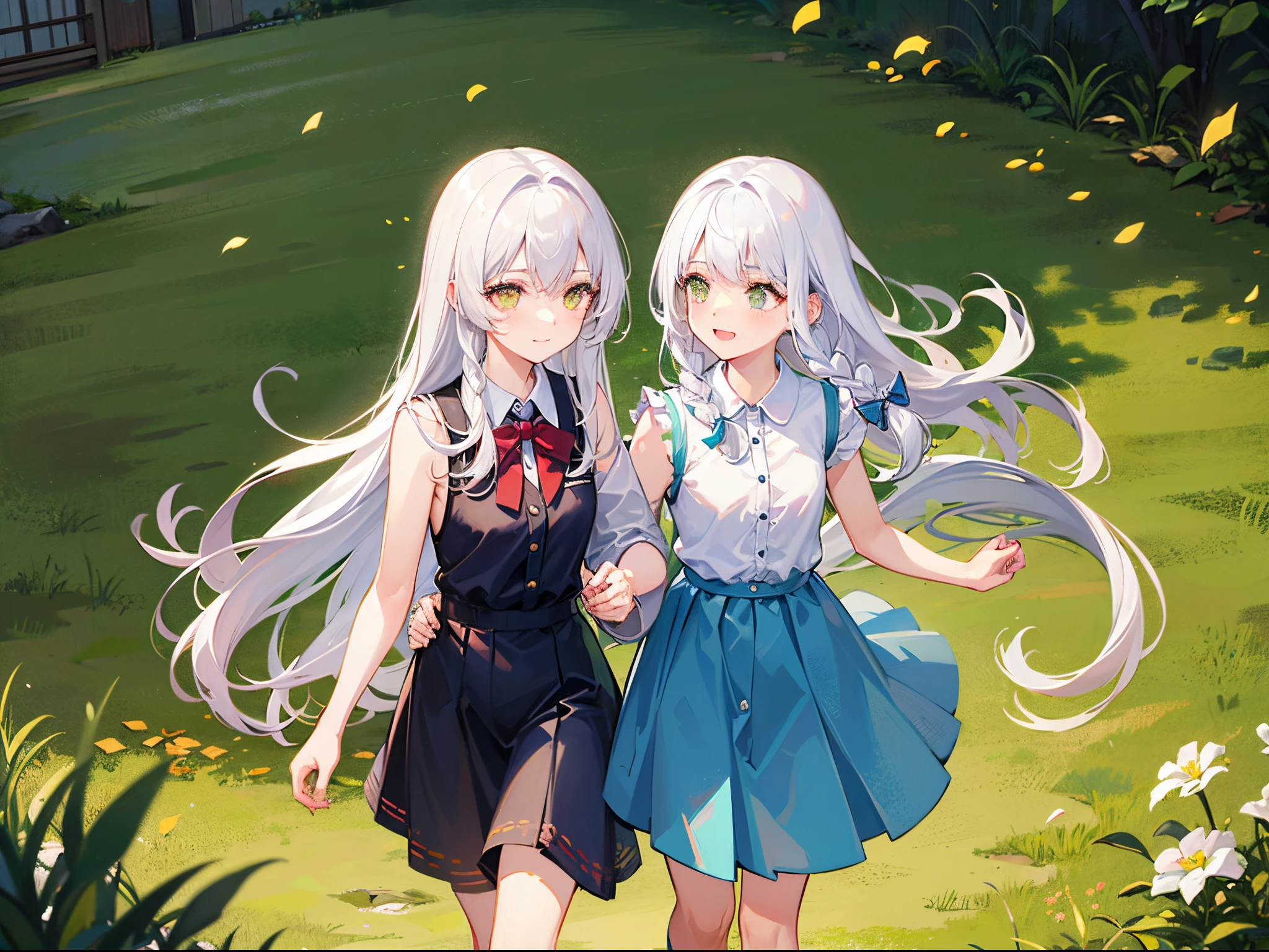 girl with white hair, 7 years old,small body;;;;;;, golden eyes, long-haired,Green braid tied in bows left and right.....,, Wear a blue sleeveless shirt......button up. White short skirt, walking on grass.With a man....With a slightly smiling face...............