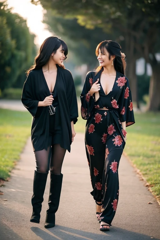 two sexy asian women walking side by side wearing dark matching kimonos