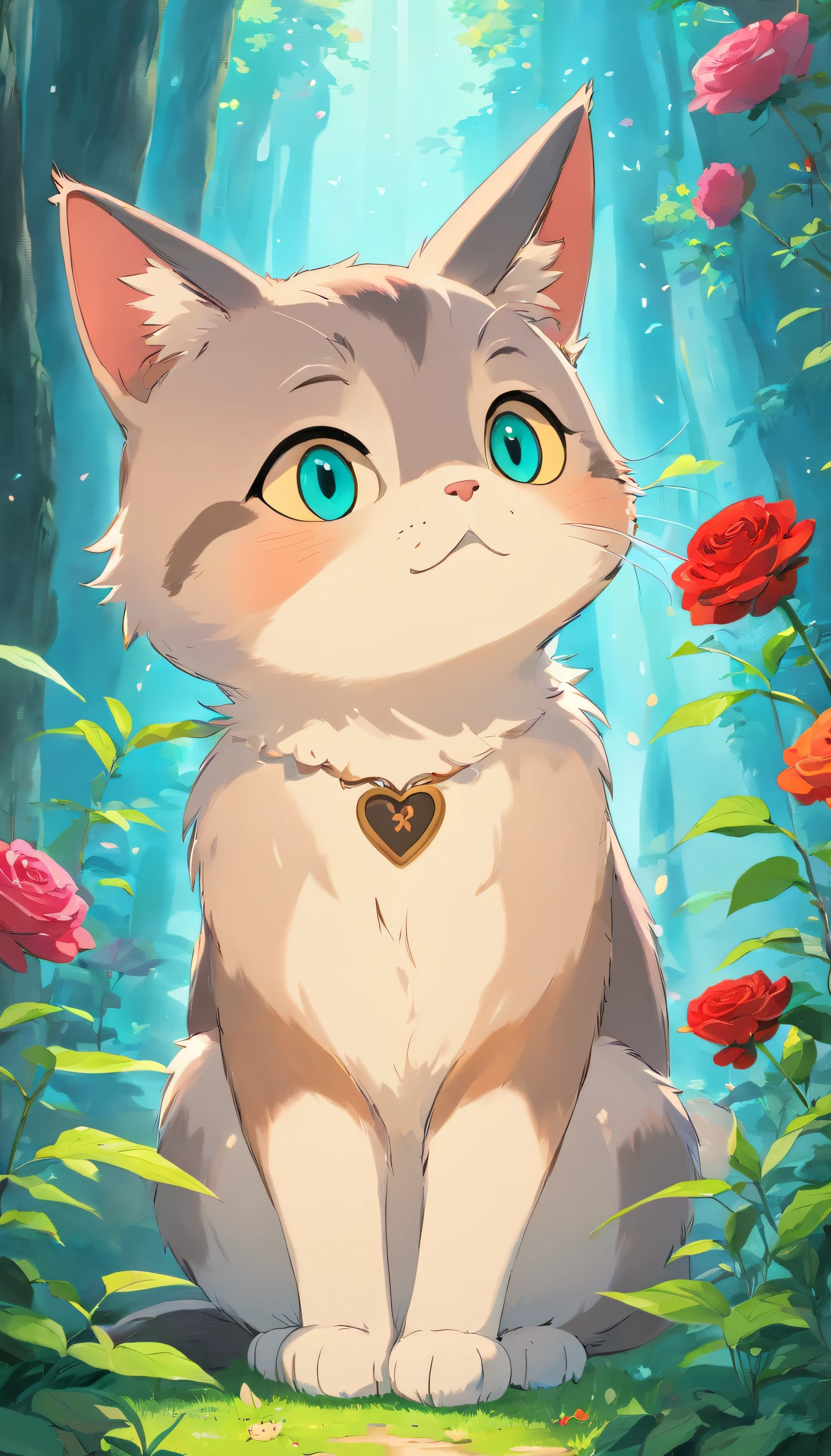 Un mignon petit chat、Grands yeux，il&#39;c&#39;est un peu difficile、couleurs blanches、fourrure épaisse、The background is ，Il n&#39;ouais qu&#39;une seule couleur noire、Une rose coeur est peinte sur la joue、riant