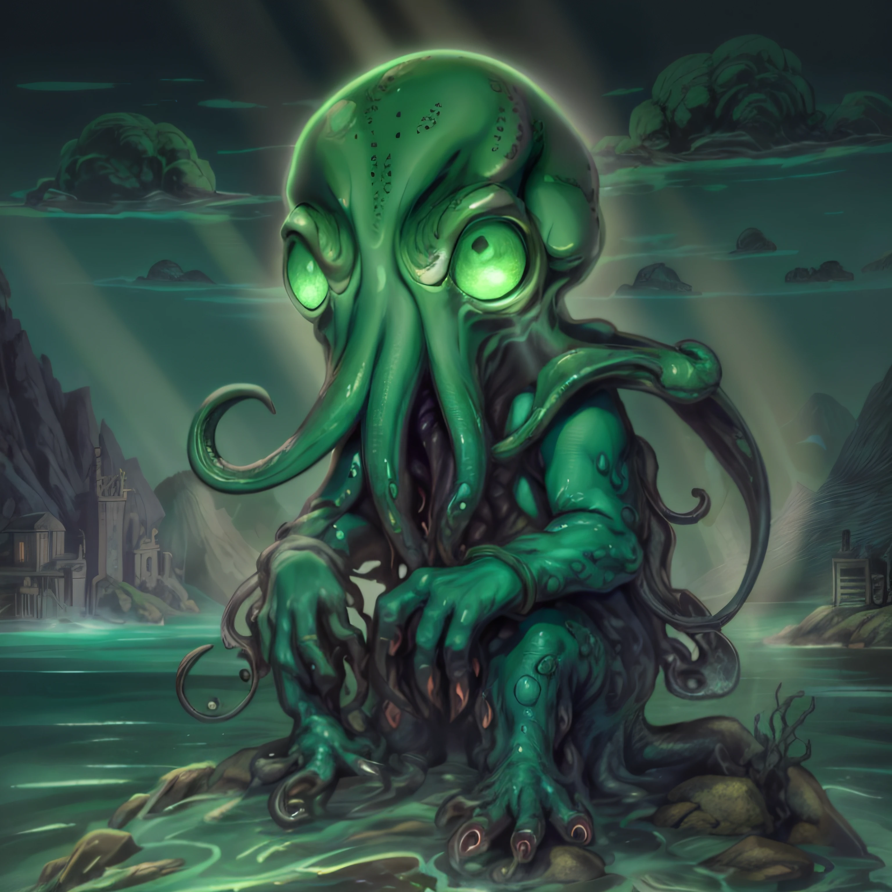 cartoon illustration of a giant olfish sitting on a rock in the water, Lula de Cthulhu, Belo Cthulhu, Cthulhu subindo do oceano, Retrato de Cthulhu, Cthulu, Cthulhu, foto Cthulhu, h.P. Lovecraft como Cthulhu, Retrato de Cthulu, lovecraft illustration, anthropomorphic goal, Retrato de um mago de lula, Estilo Lovecraft, Embedded in Lovecraft