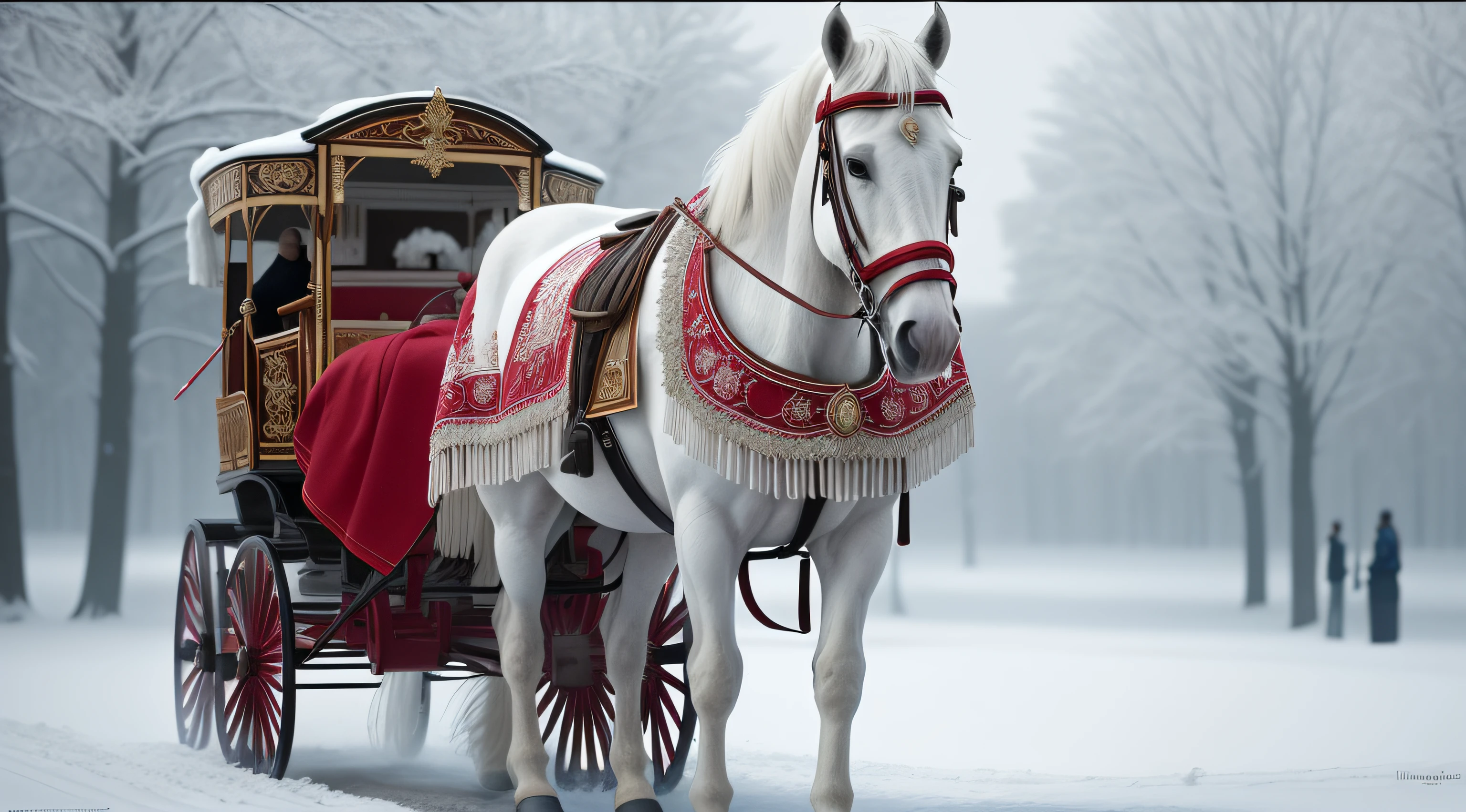 there is a horse pulling a carriage with a red blanket, carriage, carriages with horses, amazing cgi, an all white horse, by Igor Grabar, andrey gordeev, alexander abdulov, by Alexander Kucharsky, a hyper realistic, beautiful horse, intricate highly detailed 8 k, with horse driven, by Fyodor Rokotov