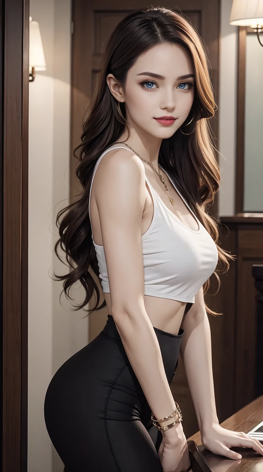 25-year-old Caucasian woman、hair color is reddish、She is wearing a light eye shadow and lipstick.、blue eyess、Lip gloss、Longhaire、Straight hair、setting hair、accessories on the wrist、a smile、Tall and slender, with a well-proportioned, slender, muscular body、I don&#39;t want my head to disappear from the screen.、Wearing a short tank top、I can see the lower breasts、I&#39;m wearing low-rise leggings、I'm wearing pin heels、a smile、