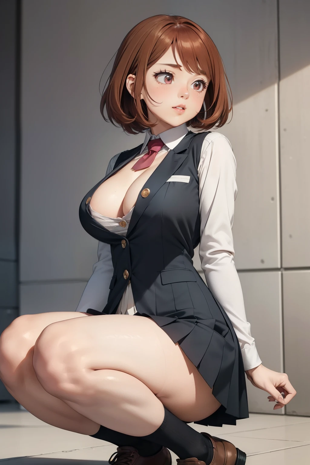 (masterpiece, best quality, ultra-detailed, ultra-HD, photorealistic, cinematic), (Ochako Uraraka of My Hero Academia anime), perfect body, perfect face, perfect hands, delicate face, (large cleavage:1.5), (round ass), (long round legs), (wide shot, full body view:1.5), short girl with a curvy figure, fair skin, and auburn hair with eyes that match in color, perpetual pink blush on her cheeks, large and round eyes with thick upper lashes, detailed pupils, two more extended and more prominent ones on either side and fewer but more individually pronounced lower lashes, shoulder-length hair with short bangs, bobbed cut hairstyle with two long strands framing her face, (slightly parted lips, nude lips), (wears the regular U.A. uniform for female students, topped with a gray dress jacket, two teal stripes, two pockets with folds, and two golden buttons), (wears a white dress shirt, a red tie with a small, golden button, and a teal pleated skirt), (wears brown dress shoes and black leggings instead of the usual knee-high socks)