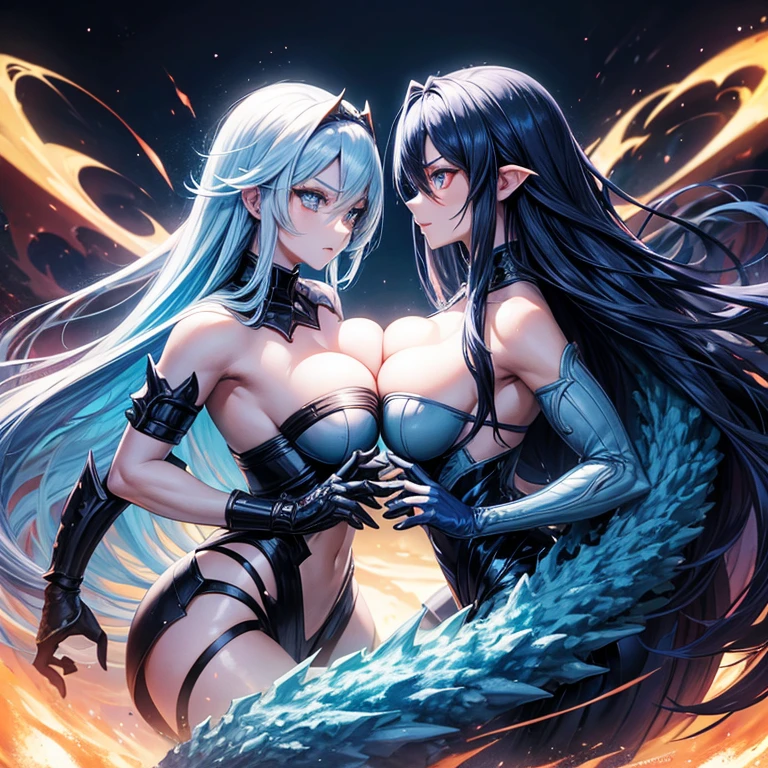2 titanus gojira, female, medium breast, long blue hair, blue eyes, Kaiju girl, fighting each other
