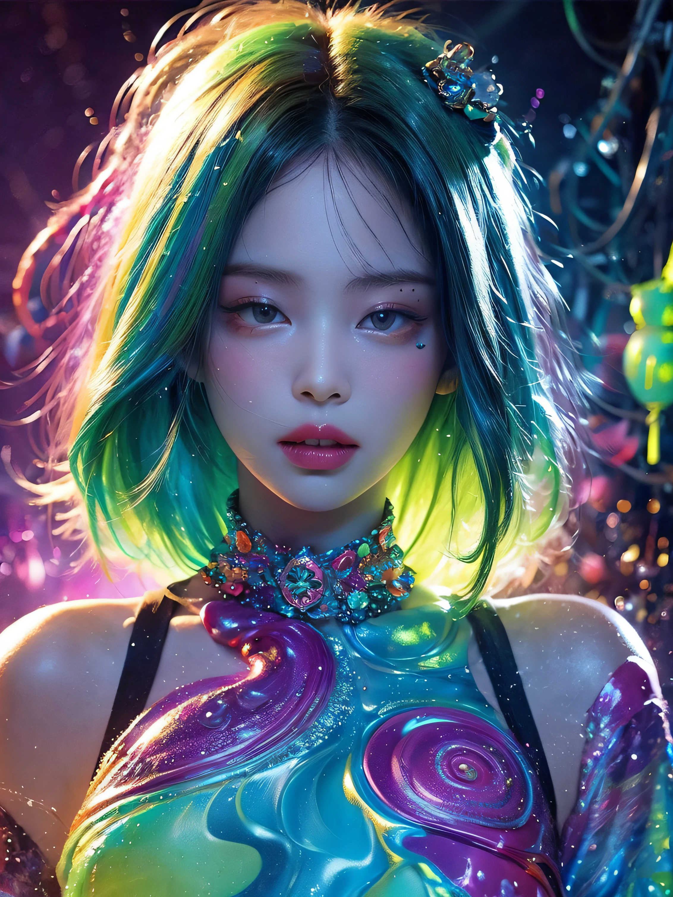 Glow in the dark ,Paint splashing,Captivating psychedelic surreal neon amazing universe beautiful gorgeous women in a bright colorful neon light,Mark Reiden、daniel merriam、Bright neon colors in the style of Frank Frazetta and Boris Vallejo, 、fashion clothes,Sandals,super realism, trippy, ornate, beautiful, fine Detail, intricated detail, Hyper detailed, oil painting, intricate colors, Jennie Kim,