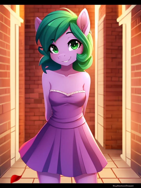 Pipp petals, pipp petals from my little pony , solo, female, pony , anthro pony, light purple fur, purple hair, green eyes, medium hair, wavy hair, smiling, medium breasts, slim, small waist, small hips, sundress, strapless dress, european city, brick road, hands behind back, happy, looking at viewer, high quality, derpibooru, soft shading, highly detailed, 8k