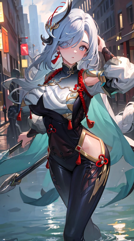 (masterpiece, best quality, ultra-detailed, highres), perfect face, sidelighting, lustrous skin, standing,
(bloom), (shine), lighting, ray tracing, sci-fi, city, street, outdoor, depth_of_field,
shenhe \(genshin impact\), silver eyes , hair over one eye, (hair ornament) , breast curtain, high heels, long hair, whirlwind of water
